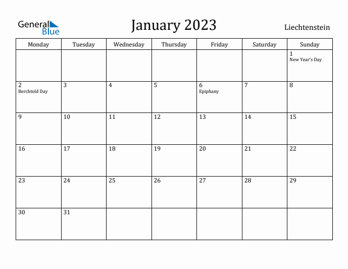 January 2023 Calendar Liechtenstein