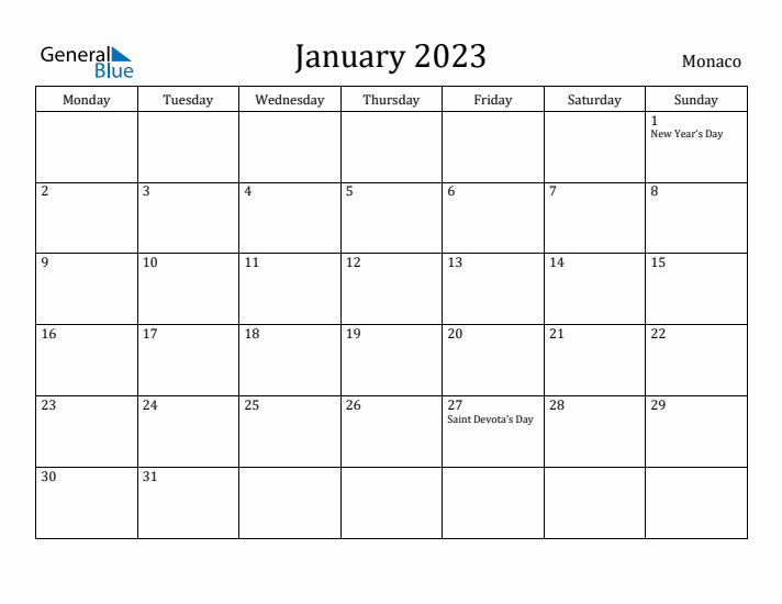 January 2023 Calendar Monaco