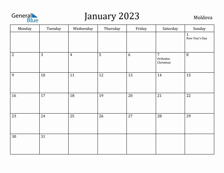 January 2023 Calendar Moldova