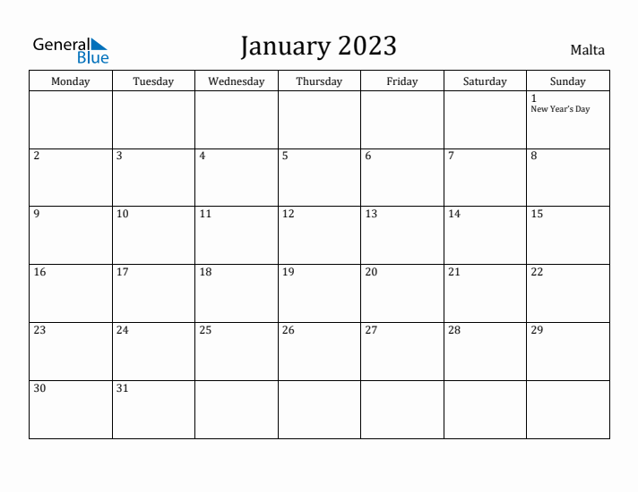 January 2023 Calendar Malta