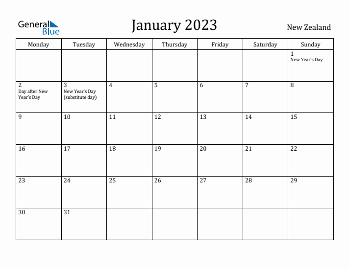 January 2023 Calendar New Zealand