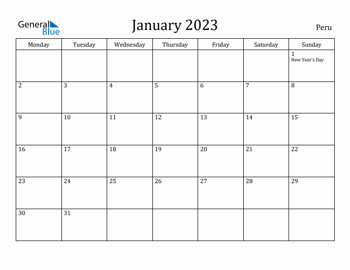 January 2023 Calendar Peru