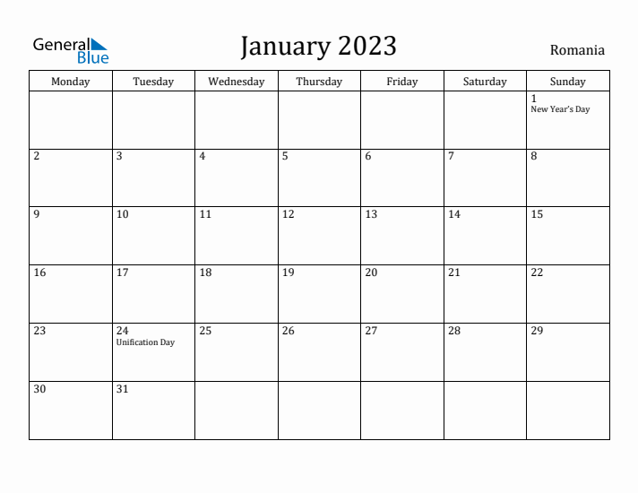 January 2023 Calendar Romania