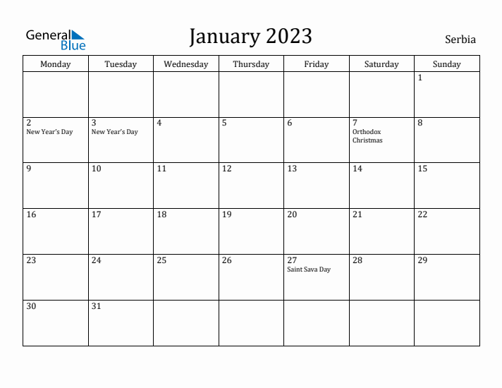 January 2023 Calendar Serbia