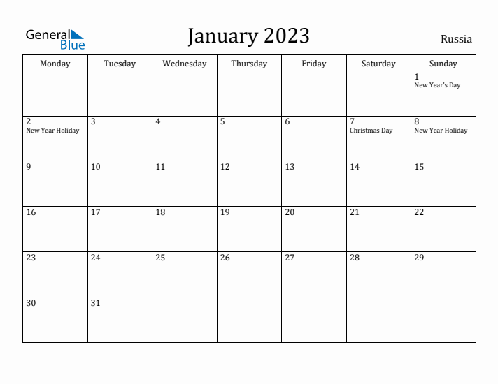 January 2023 Calendar Russia