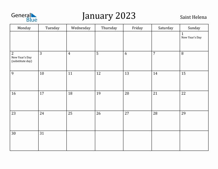 January 2023 Calendar Saint Helena