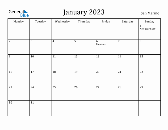 January 2023 Calendar San Marino