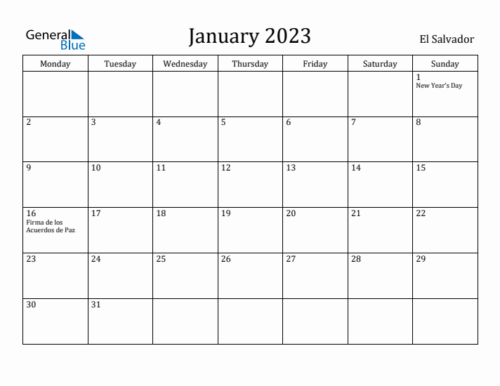 January 2023 Calendar El Salvador
