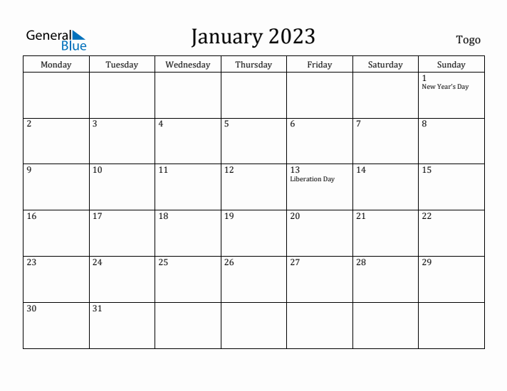 January 2023 Calendar Togo