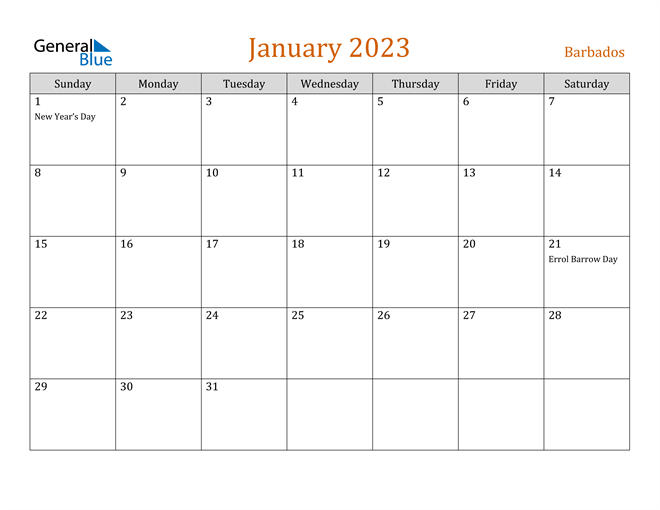 Barbados January 2023 Calendar with Holidays