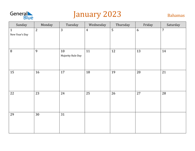 January 2023 Calendar With Bahamas Holidays