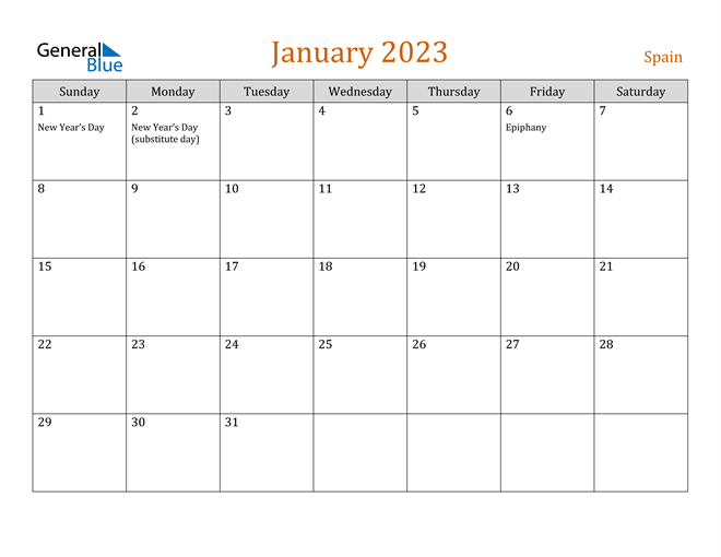 Spain January 2023 Calendar with Holidays