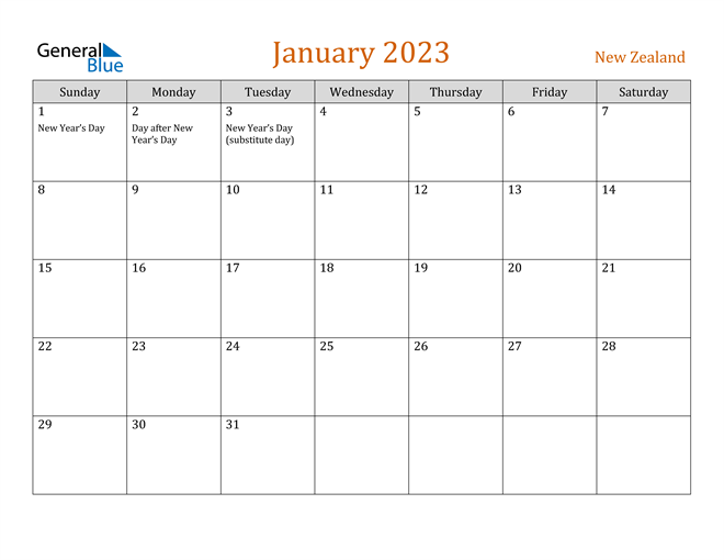 January 2023 Calendar with New Zealand Holidays