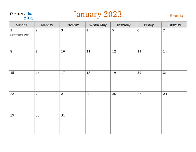 Reunion January 2023 Calendar with Holidays