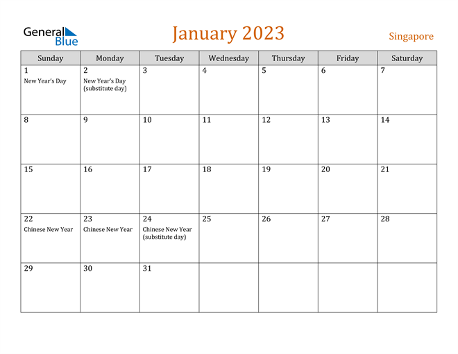 singapore january 2023 calendar with holidays