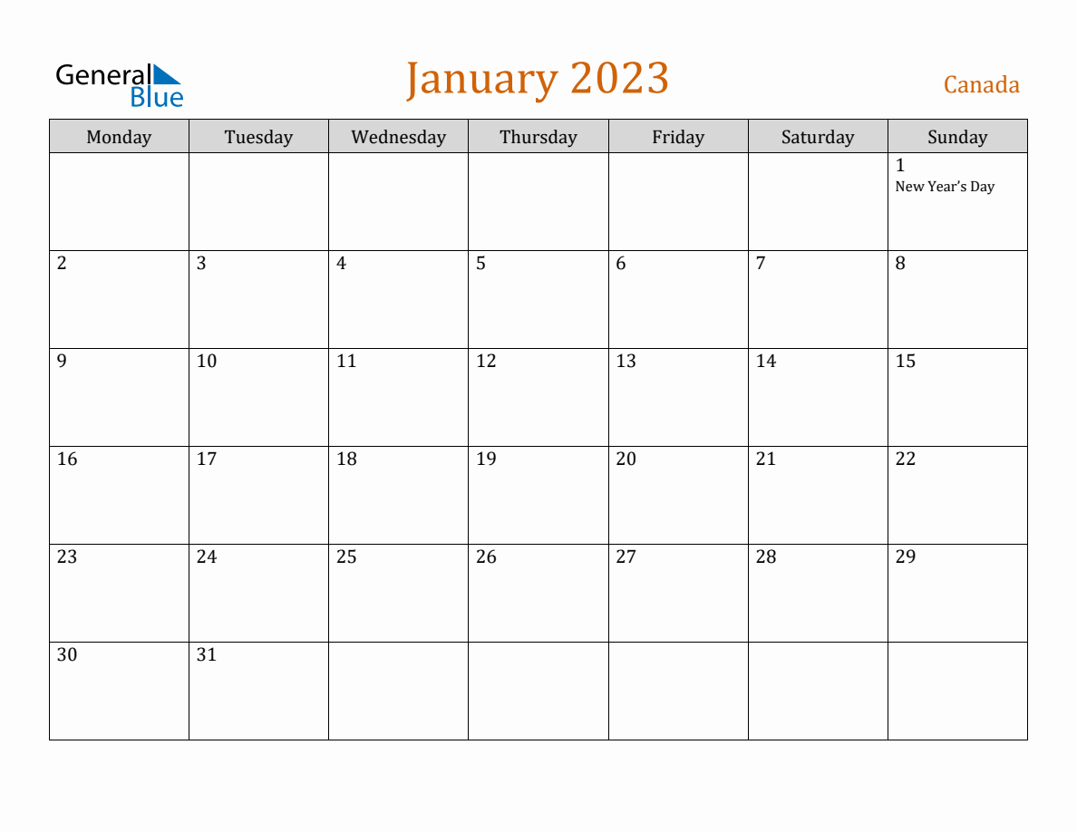 Free January 2023 Canada Calendar 7435