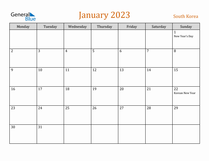 January 2023 Holiday Calendar with Monday Start