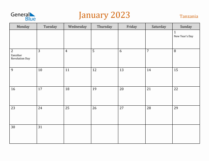 January 2023 Holiday Calendar with Monday Start