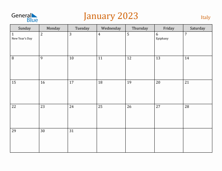 January 2023 Holiday Calendar with Sunday Start