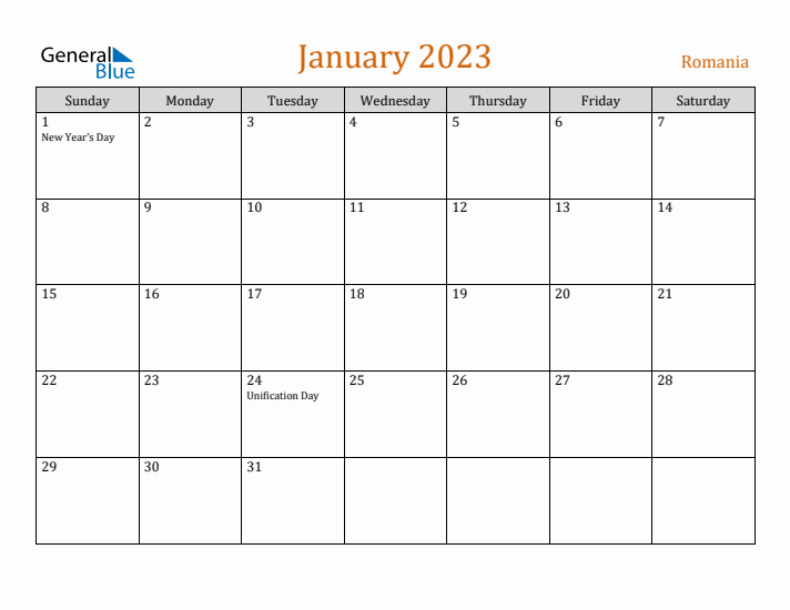 January 2023 Holiday Calendar with Sunday Start