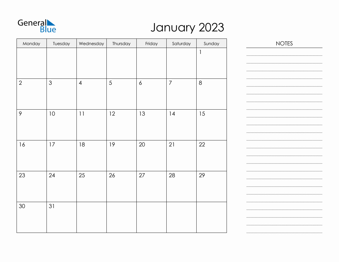 Printable Monthly Calendar with Notes - January 2023