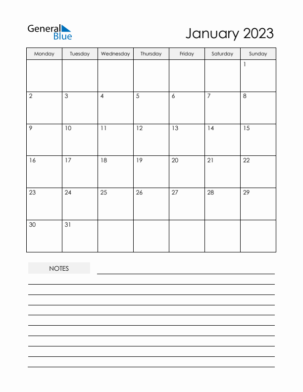 Printable Calendar with Notes - January 2023 
