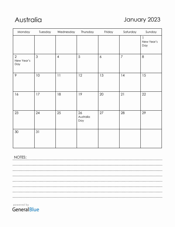 January 2023 Australia Calendar with Holidays (Monday Start)