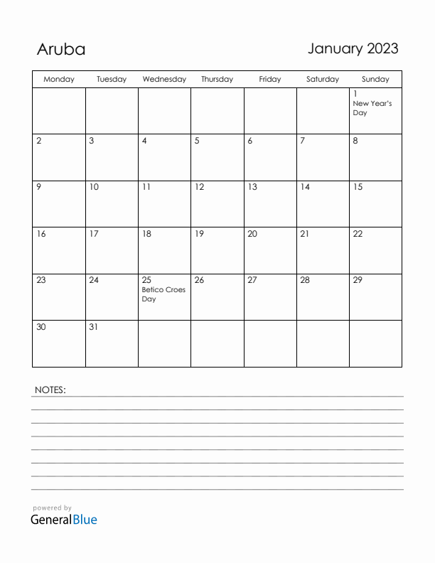 January 2023 Aruba Calendar with Holidays (Monday Start)