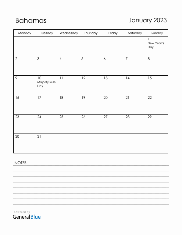 January 2023 Bahamas Calendar with Holidays (Monday Start)