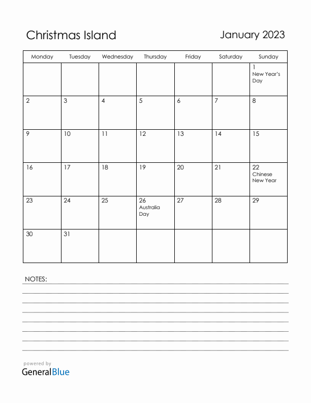 January 2023 Christmas Island Calendar with Holidays (Monday Start)