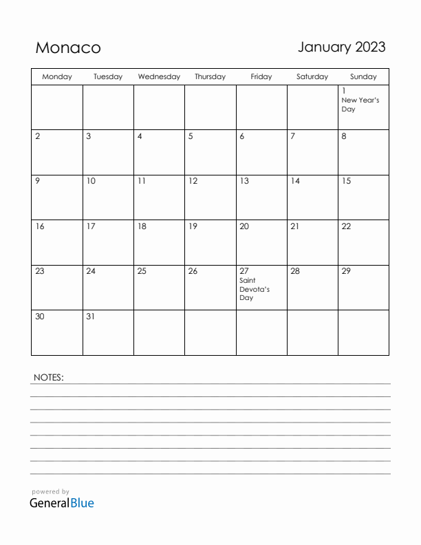 January 2023 Monaco Calendar with Holidays (Monday Start)