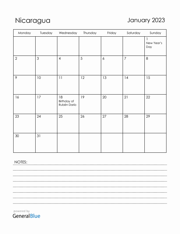January 2023 Nicaragua Calendar with Holidays (Monday Start)
