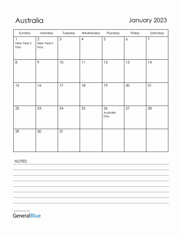 January 2023 Australia Calendar with Holidays (Sunday Start)