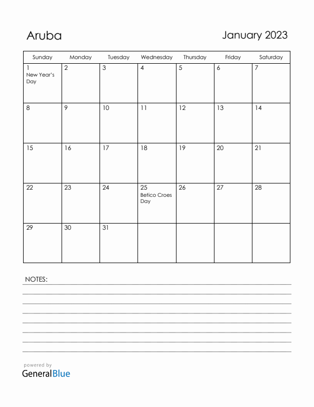 January 2023 Aruba Calendar with Holidays (Sunday Start)