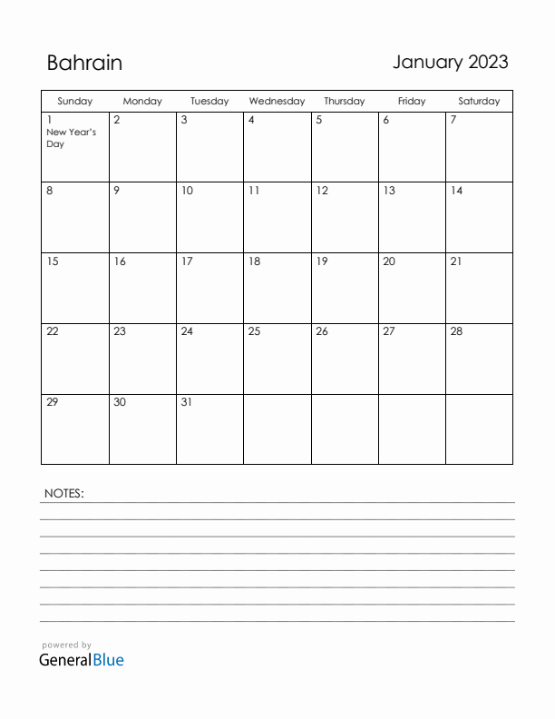January 2023 Bahrain Calendar with Holidays (Sunday Start)