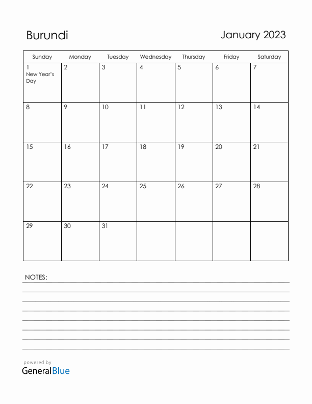 January 2023 Burundi Calendar with Holidays (Sunday Start)