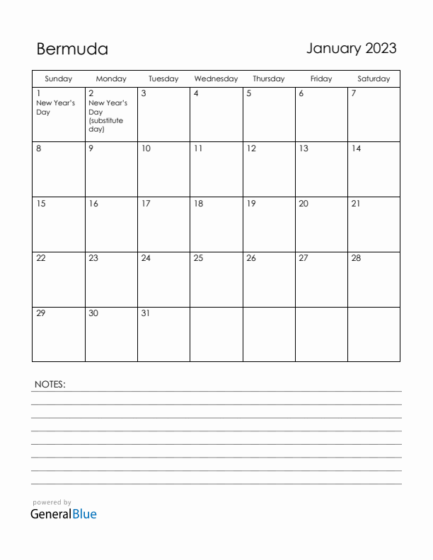 January 2023 Bermuda Calendar with Holidays (Sunday Start)