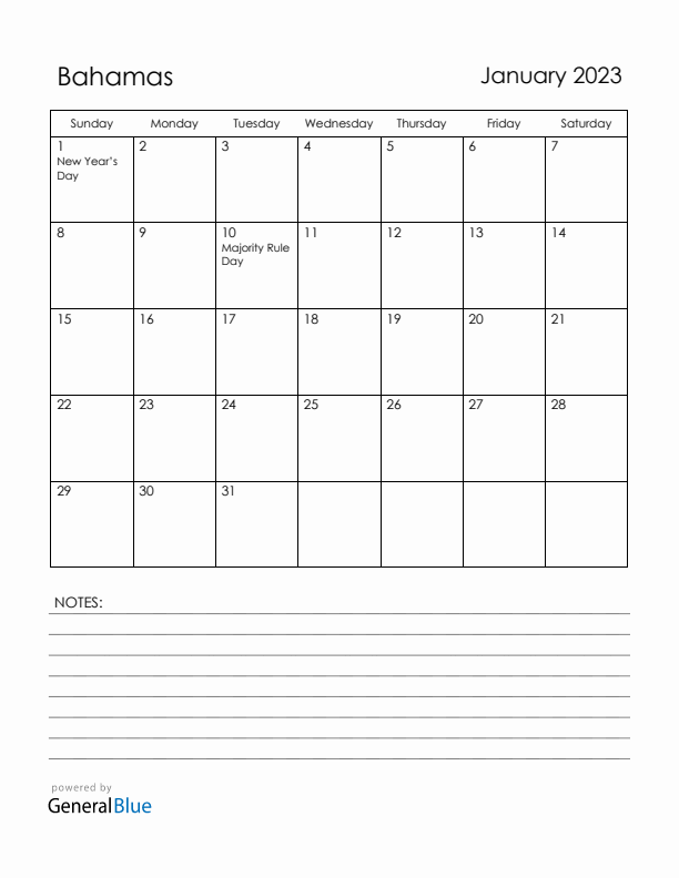 January 2023 Bahamas Calendar with Holidays (Sunday Start)