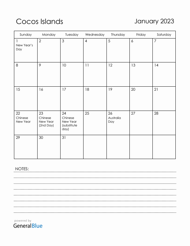 January 2023 Cocos Islands Calendar with Holidays (Sunday Start)