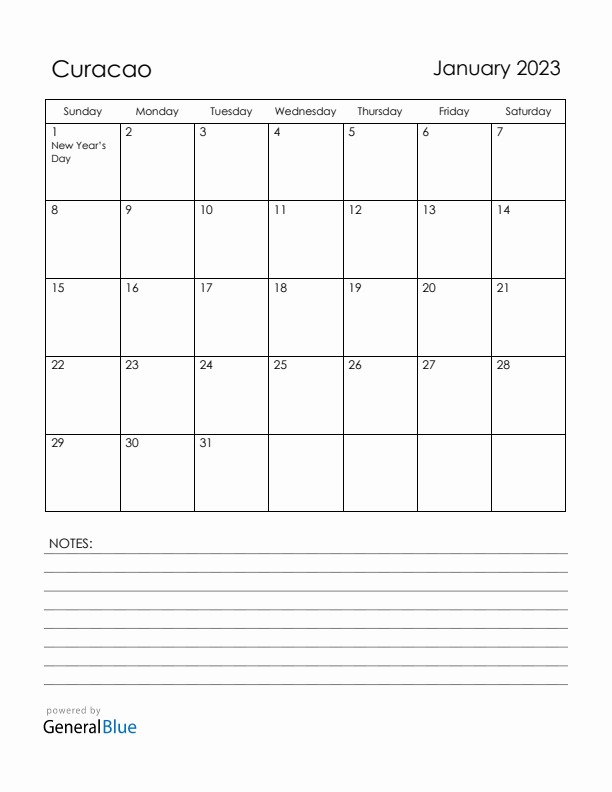 January 2023 Curacao Calendar with Holidays (Sunday Start)
