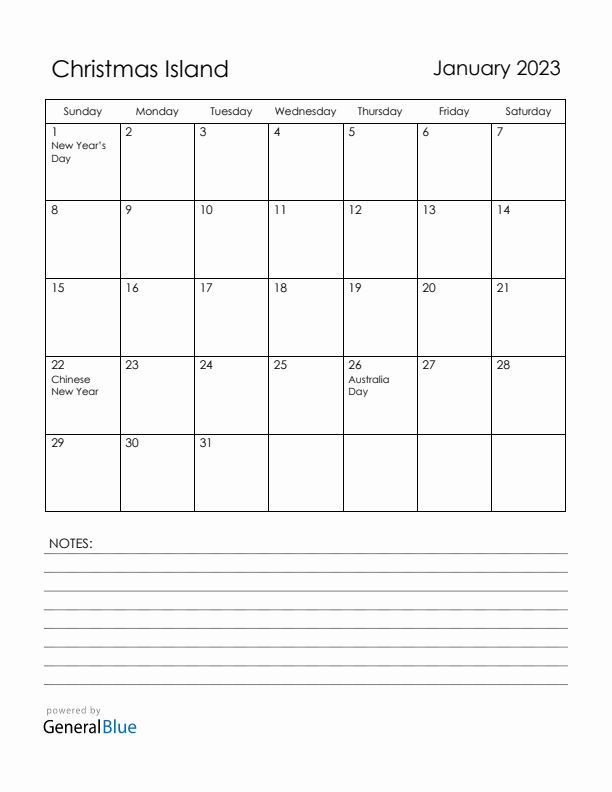 January 2023 Christmas Island Calendar with Holidays (Sunday Start)
