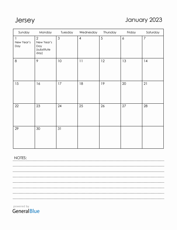 January 2023 Jersey Calendar with Holidays (Sunday Start)