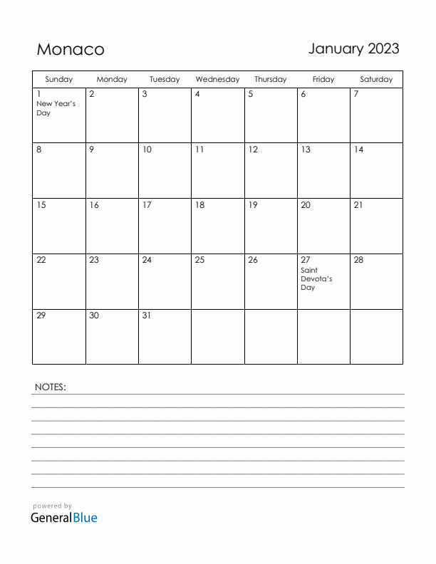 January 2023 Monaco Calendar with Holidays (Sunday Start)