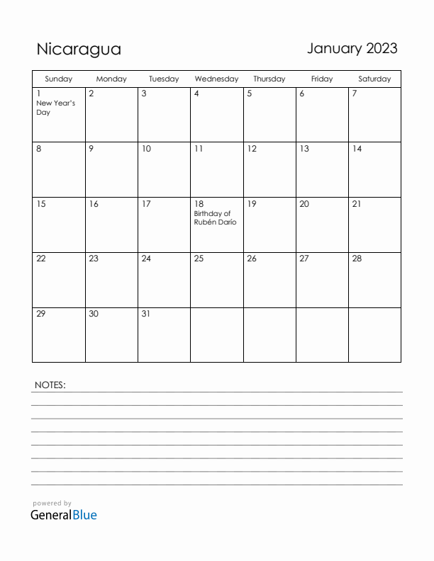 January 2023 Nicaragua Calendar with Holidays (Sunday Start)