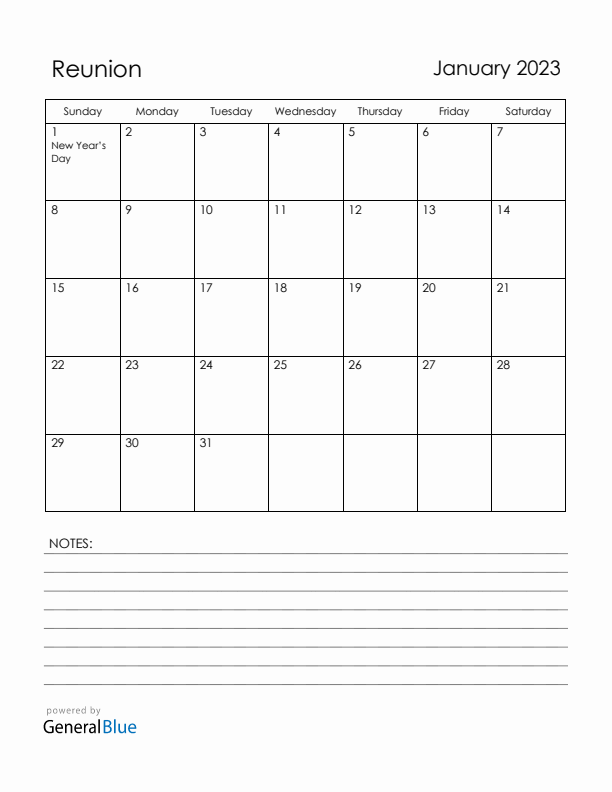 January 2023 Reunion Calendar with Holidays (Sunday Start)
