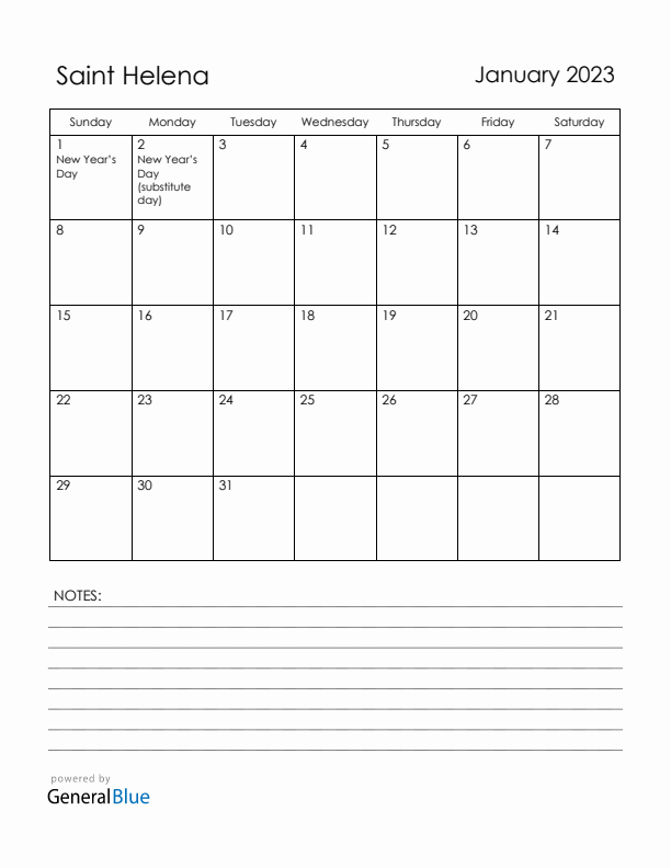January 2023 Saint Helena Calendar with Holidays (Sunday Start)