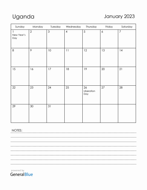 January 2023 Uganda Calendar with Holidays (Sunday Start)