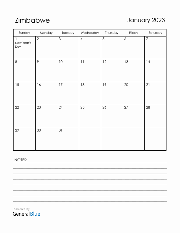 January 2023 Zimbabwe Calendar with Holidays (Sunday Start)