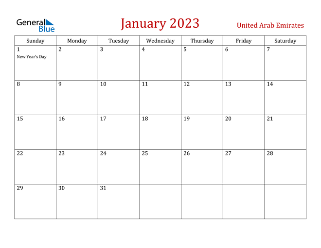 United Arab Emirates January 2023 Calendar