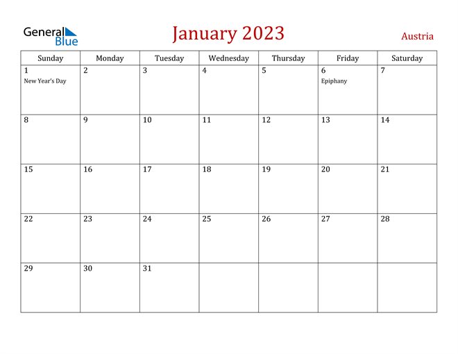 Austria January 2023 Calendar